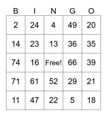 1-75 Bingo Card
