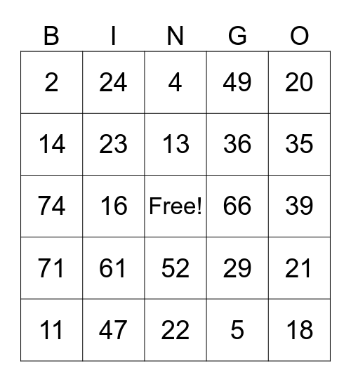 1-75 Bingo Card