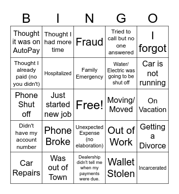 Customer Excuses Bingo Card