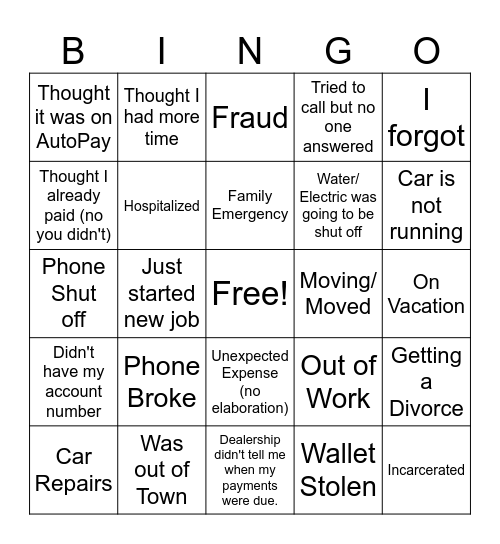 Customer Excuses Bingo Card