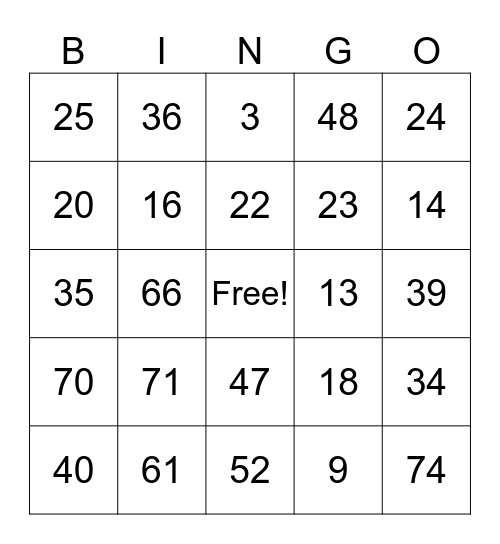 1-75 Bingo Card
