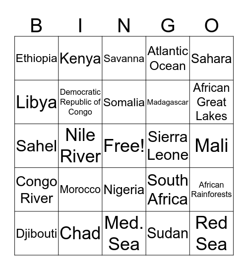 Africa Bingo Card