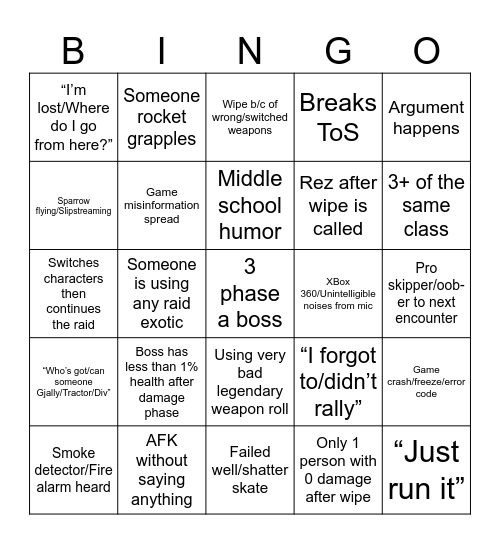 D2 Raid BINGO Card