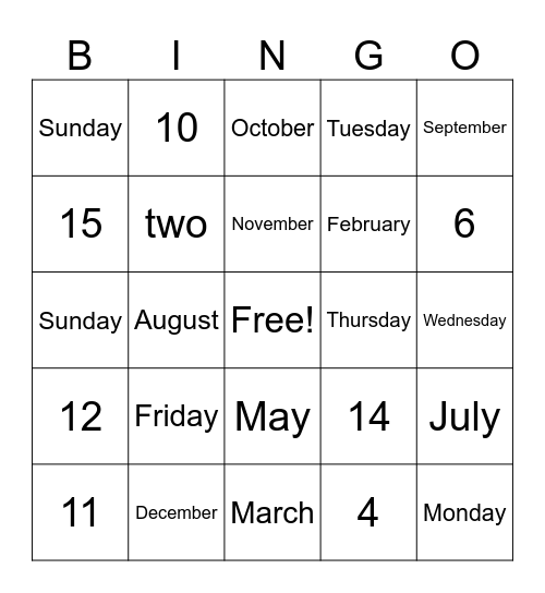 Numbers, Days of the Week, & Months Bingo Card
