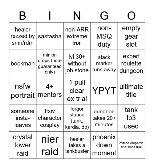 FFXIV Duty Roulette Bingo Card