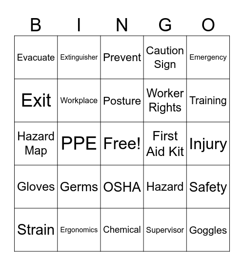 Finding Hazards in the Workplace Bingo Card