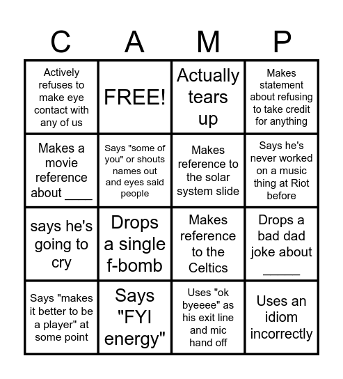 official unofficial campfire bingo Card