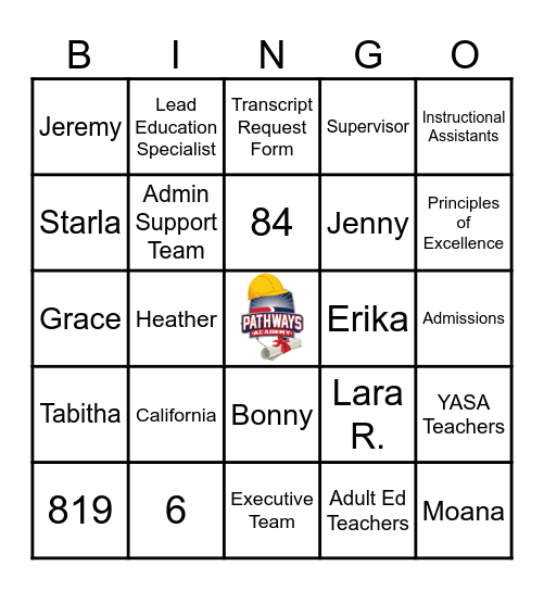 Pathways Academy All Staff Bingo Card