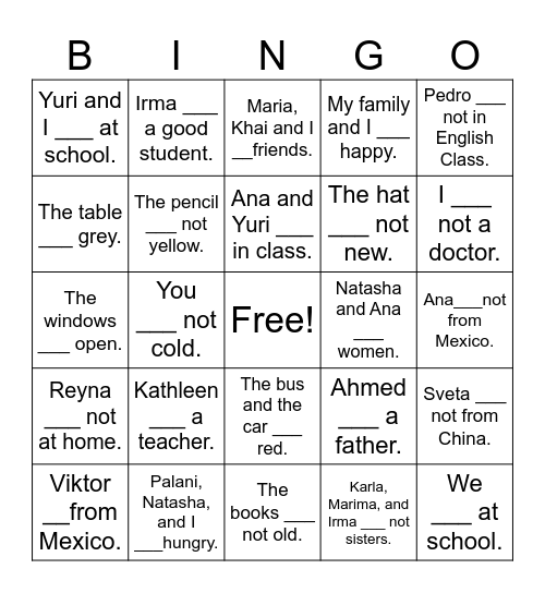Verb Be Bingo Cards Bingo Card