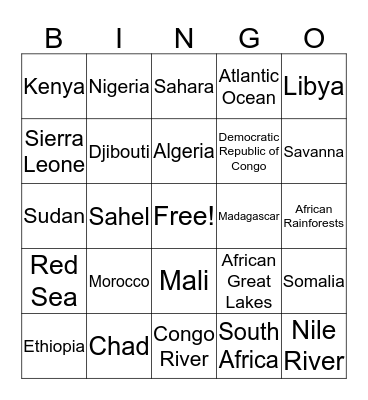 Africa Bingo Card