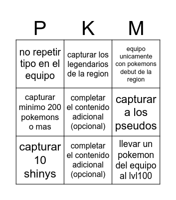 reto pokemon Bingo Card