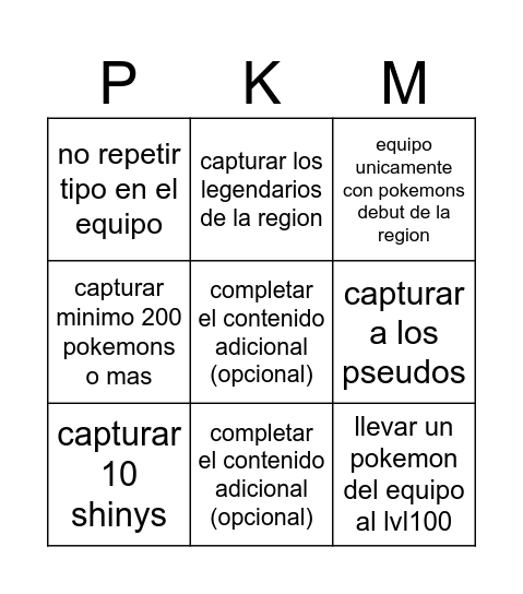 reto pokemon Bingo Card