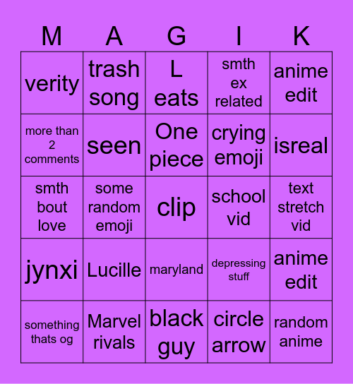 30 magik board Bingo Card