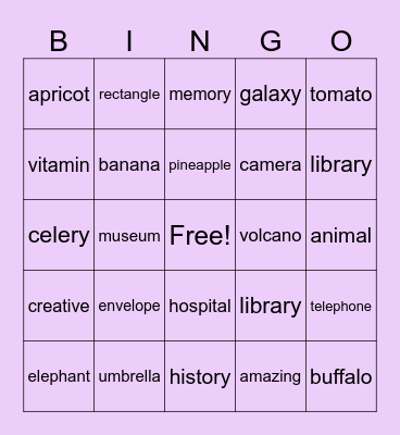 Skyla's Bingo Card