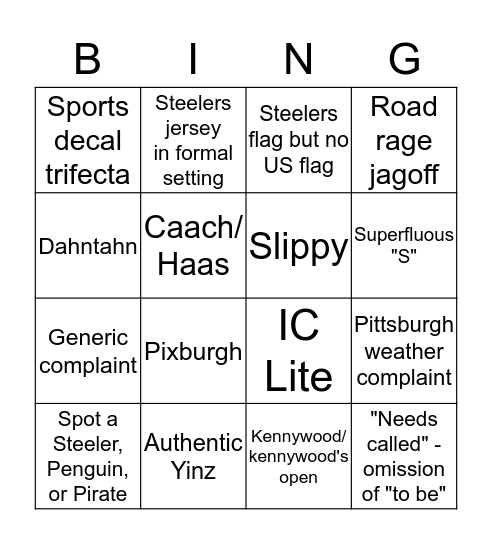 Steelers Country Bingo Card