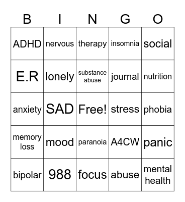 Mental Health Bingo Card