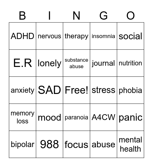 Mental Health Bingo Card