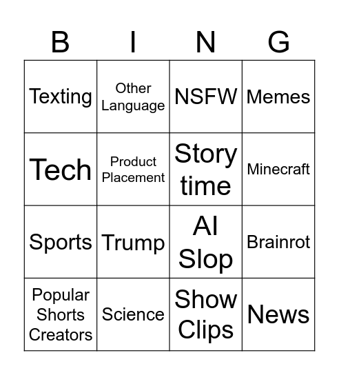 Shorts Bingo Card