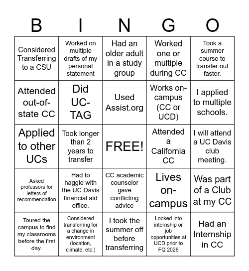 Transfer Student Bingo Card