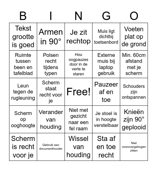 Ergonomie Bingo Card