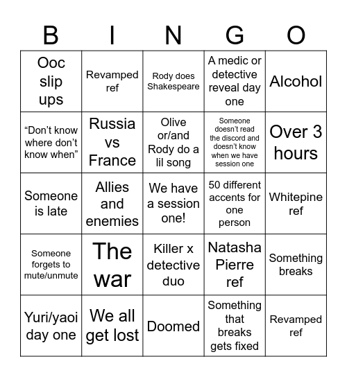 Whitewillow session one Bingo Card