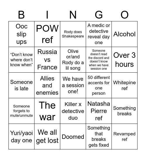 Whitewillow session one Bingo Card
