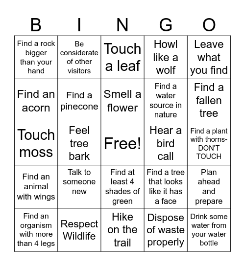 Hiking Bingo Card