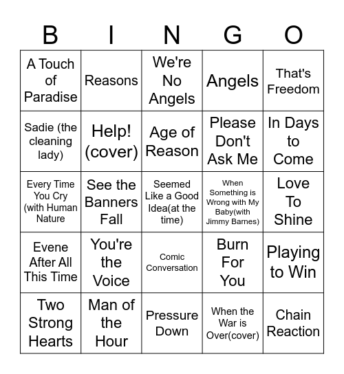 John Farnham Songs Bingo Card