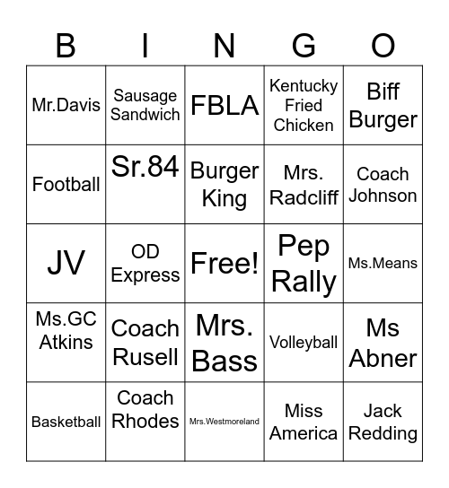 PHS 84 Bingo Card