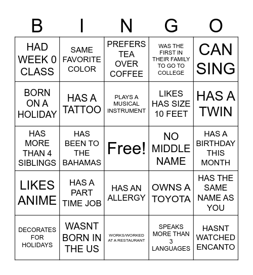 HUMAN BINGO Card