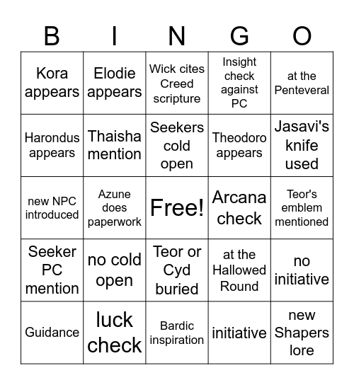 Sermons, Political Campaigns, And Other Forms Of Public Theater [Critical Role 4.36] Bingo Card