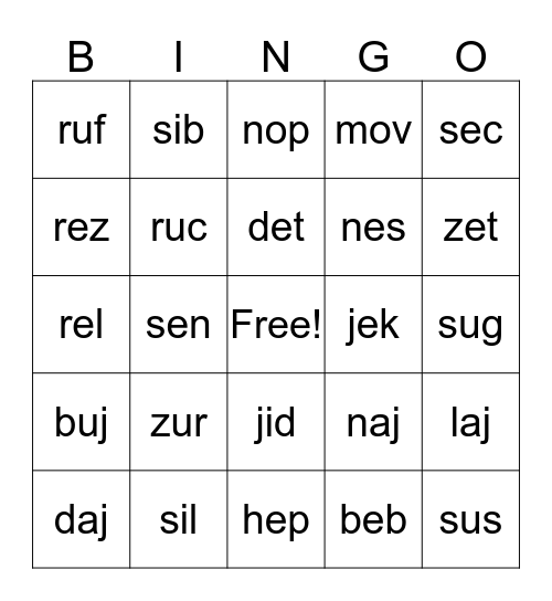 NONSENSE WORD Bingo Card
