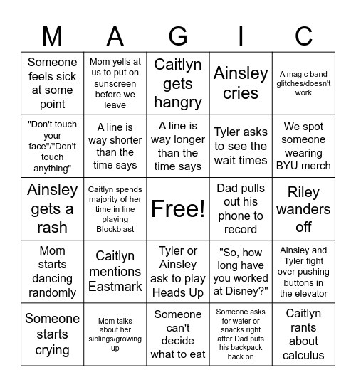 Disney Parks Bingo Card
