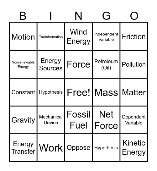Force, Motion, Energy Bingo Card