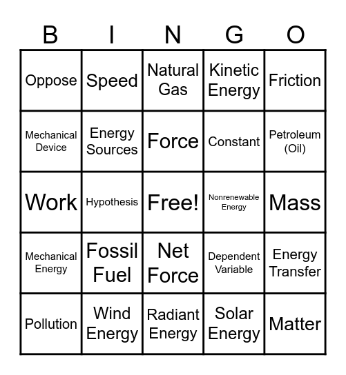 Force, Motion, Energy Bingo Card