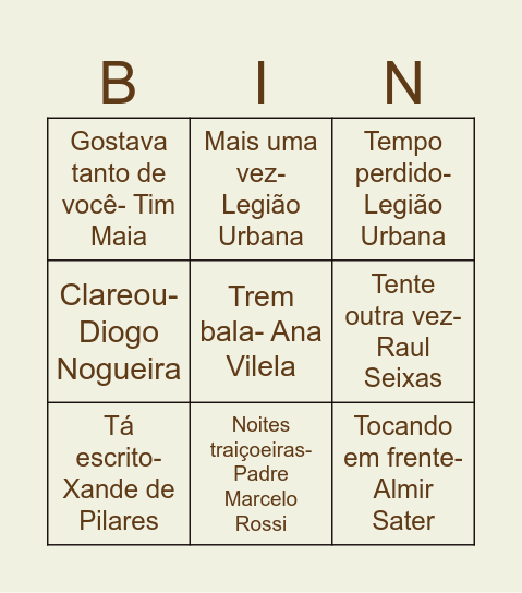 Bingo Musical Bingo Card