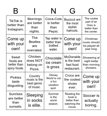 Hot Takes Bingo Card