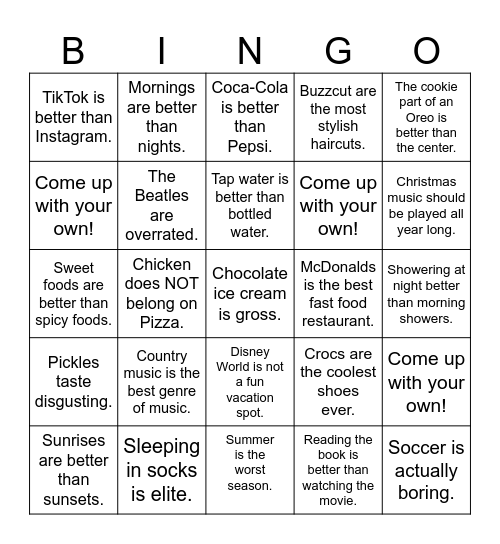 Hot Takes Bingo Card