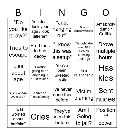 Predator Catching Bingo Card