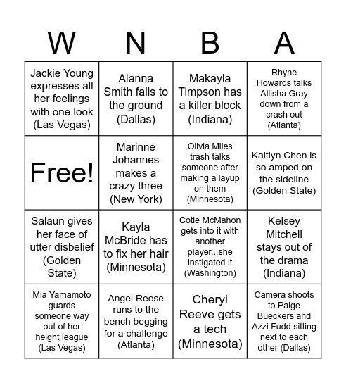 WNBA Playoff Bingo 2026 - Quirk Edition Bingo Card