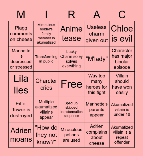 General Miraculous Episode Bingo Card