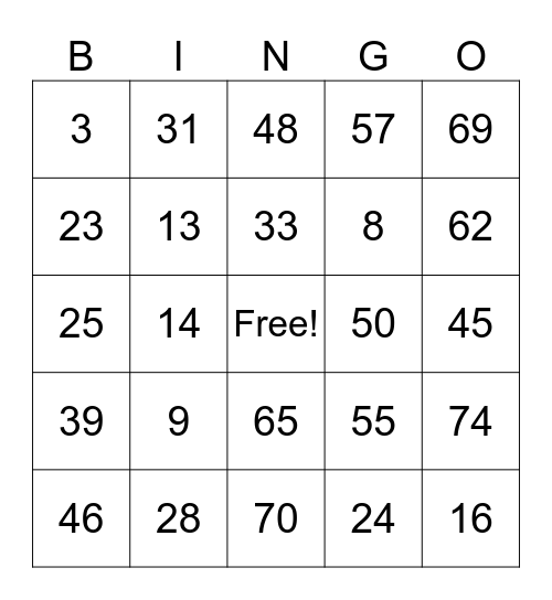 BINGO 1-75 Bingo Card