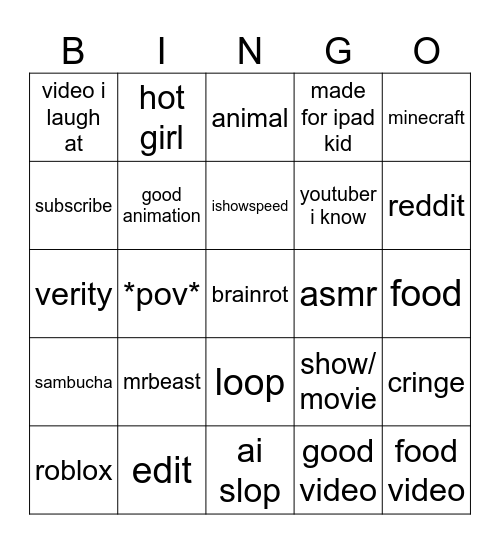 youtube shorts Bingo Card