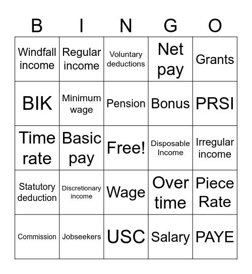 Household Income Bingo Card