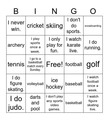 What sports do you play? Bingo Card