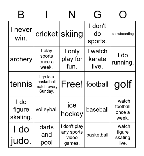 What sports do you play? Bingo Card