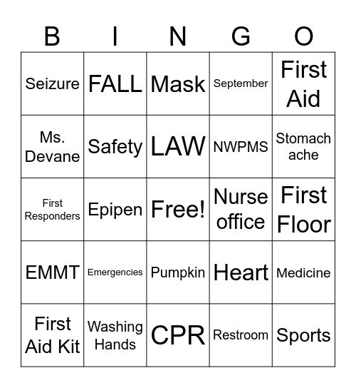 First Aid 101 & Medical Safety Bingo Card