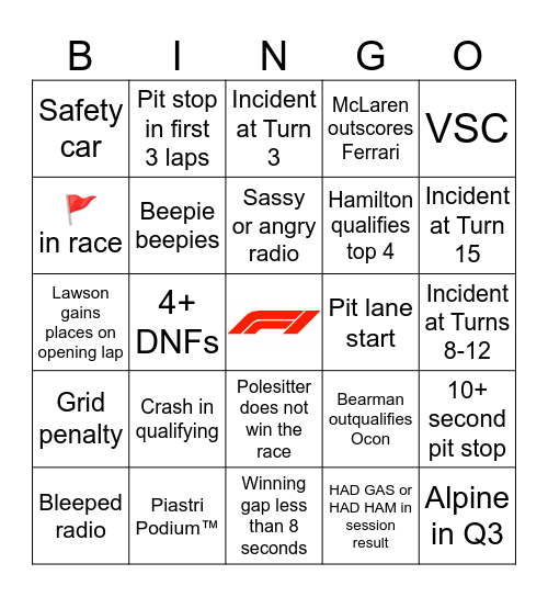 F1 Bingo - Azerbaijan 2026 Bingo Card