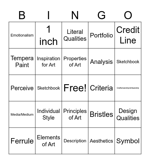 Art I Bingo- Vocab Weeks 1-3 Bingo Card