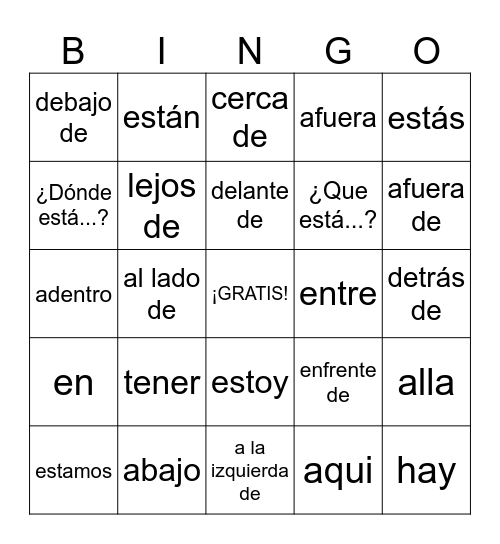 Spanish Prepositions with Estar Bingo Card